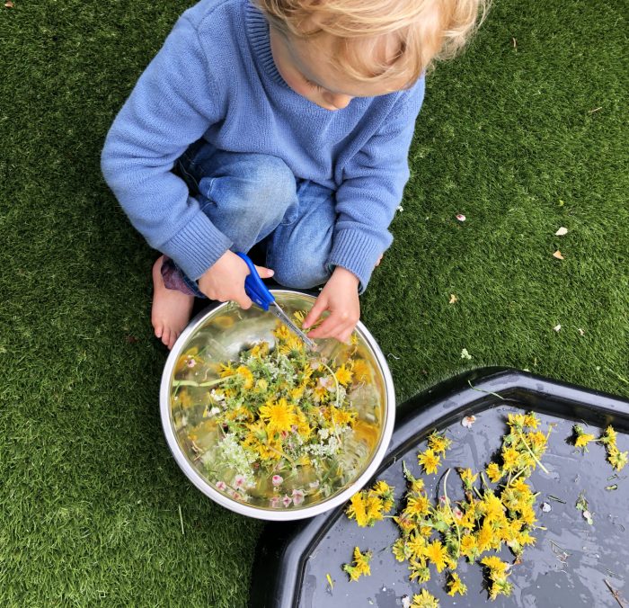 child cutting natural resources into metal dish