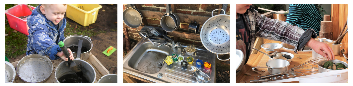 child using mud kitchen supplies