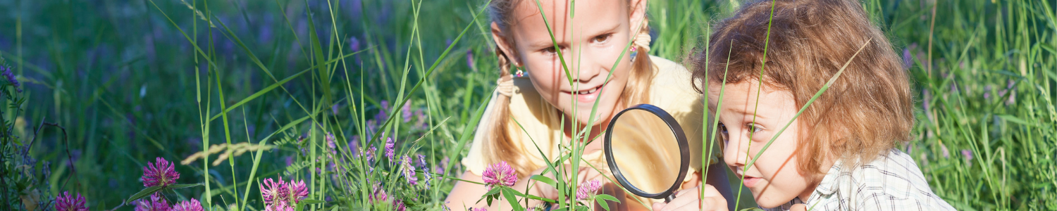 children investigating grass using magnifying glass