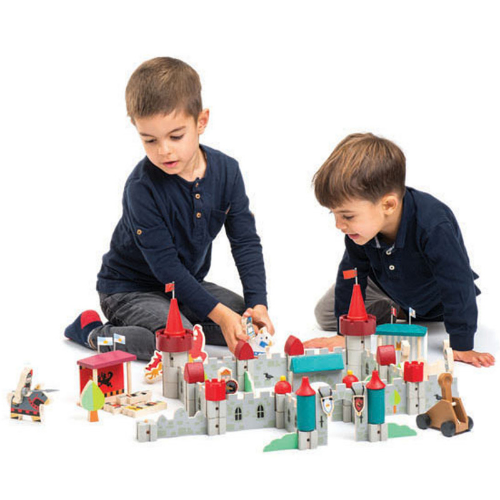 children playing with wooden castle