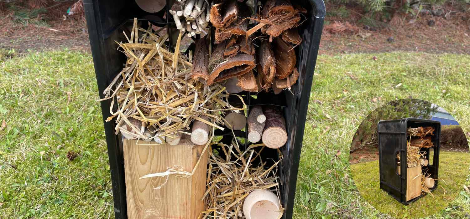 bug hotel made using creates and dry pieces of wood