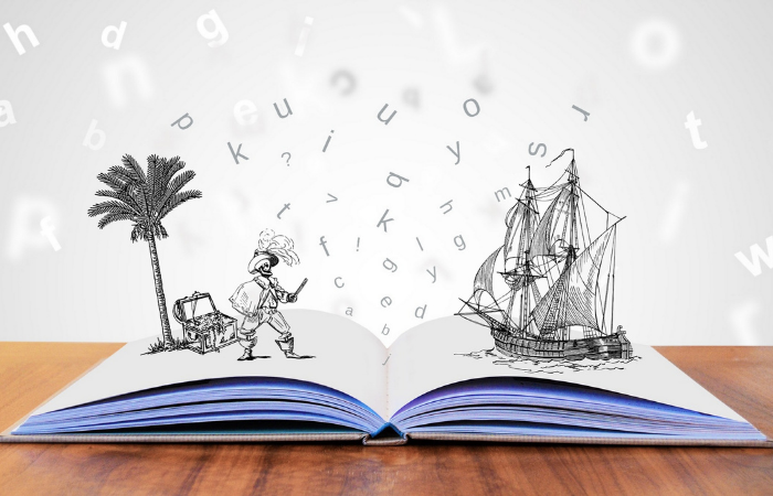 book with pirates and letters flying out