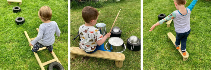 3 images showing a child using a selection of wooden planks and tyres in different ways