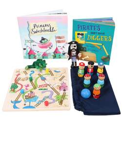 pirate themed storyset featuring pirate hand puppet, two books and pirate skittles