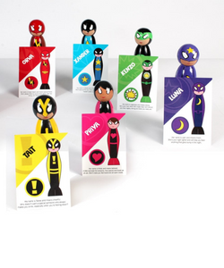 superhero skittles and corresponding cards with the images of the superheroes on 