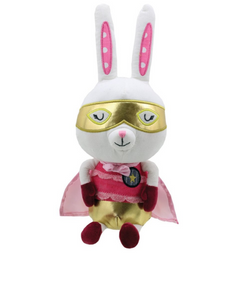 White rabbit cuddly toy with a superhero costume on 