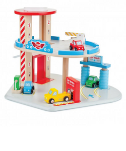 wooden car service centre with two stories and colourful wooden cars