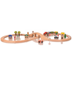 figure of eight railway track with small trains and shops and trees