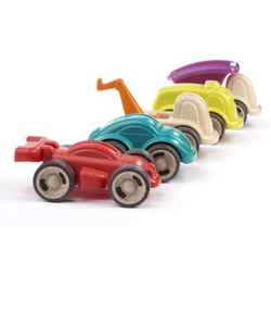 five small plastic car toys