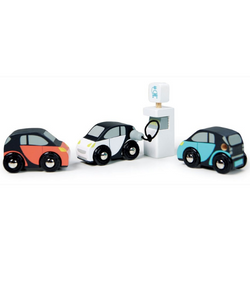 small wooden cars and a charging station