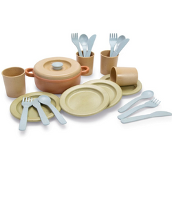 plastic children's toy dinner set including cutlery, crockery and pans