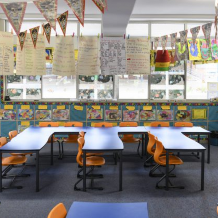 classroom with displays hanging from ceiling